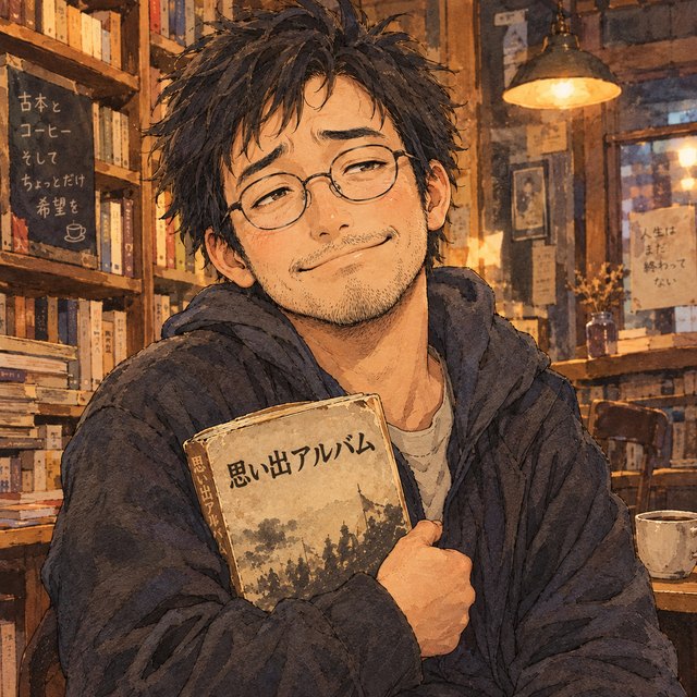 さんしんどい（本人イメージイラスト）／古本屋カフェで『思い出アルバム』という本を抱える、眼鏡の作家のイラスト